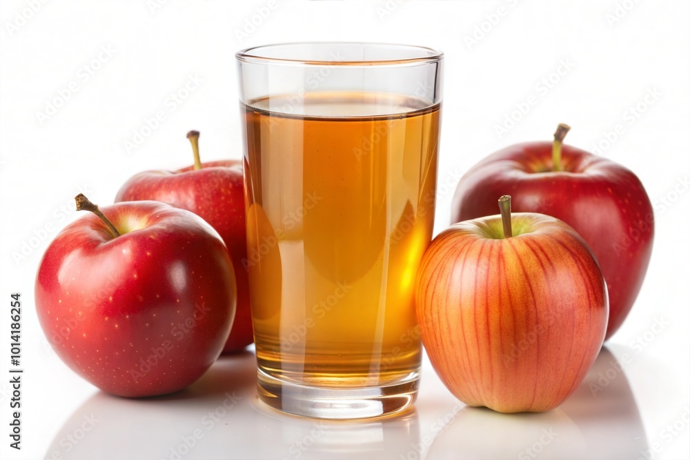 Glass of apple juice surrounded by fresh apples on white background Glass of apple juice surrounded by fresh apples on white background