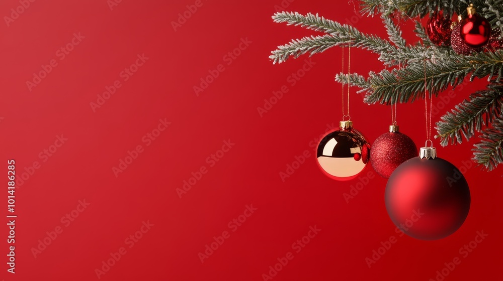 Red Christmas background with a fir branch adorned with red and gold ornaments. This image evokes festive cheer, holiday spirit, and the joy of the season. It is perfect for Christmas cards, social Red Christmas background with a fir branch adorned with red and gold ornaments. This image evokes festive cheer, holiday spirit, and the joy of the season. It is perfect for Christmas cards, social
