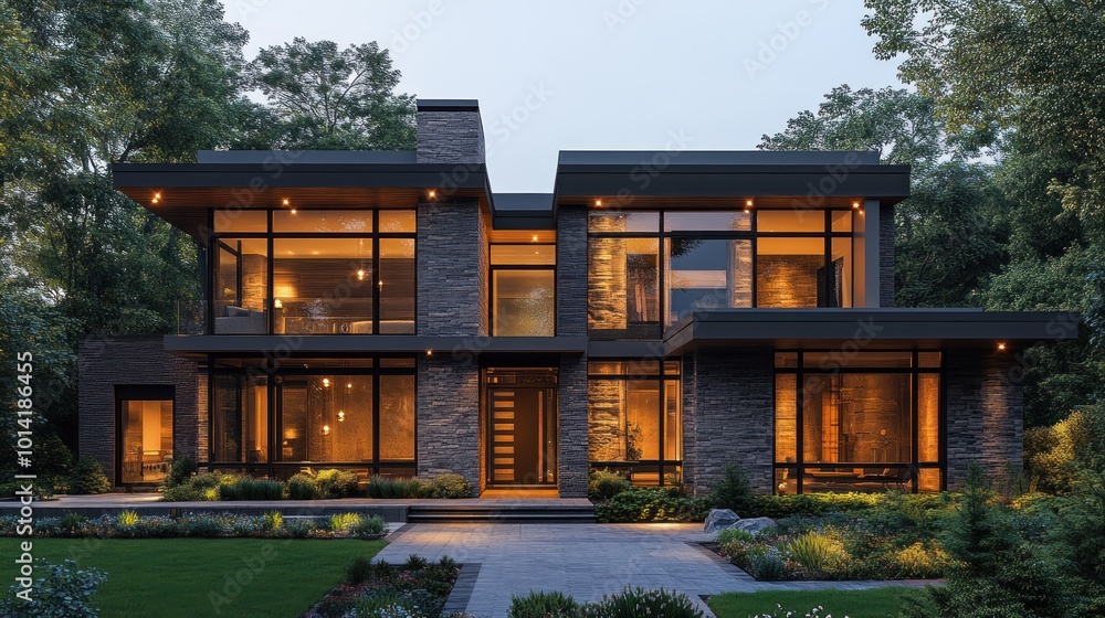 Modern house with large windows and warm lighting in a serene setting. Modern house with large windows and warm lighting in a serene setting.