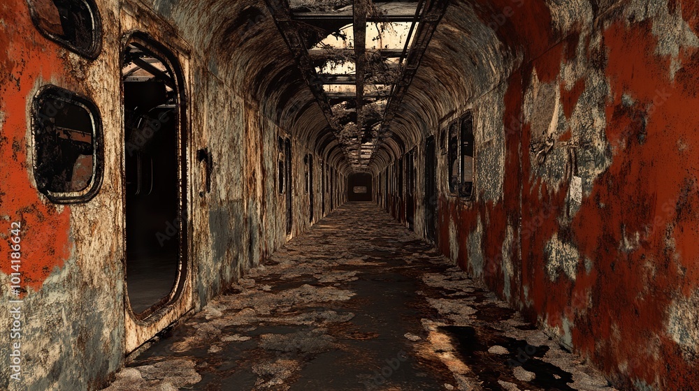 Naklejka premium Forgotten Train Corridor: A Haunting Journey Through Time