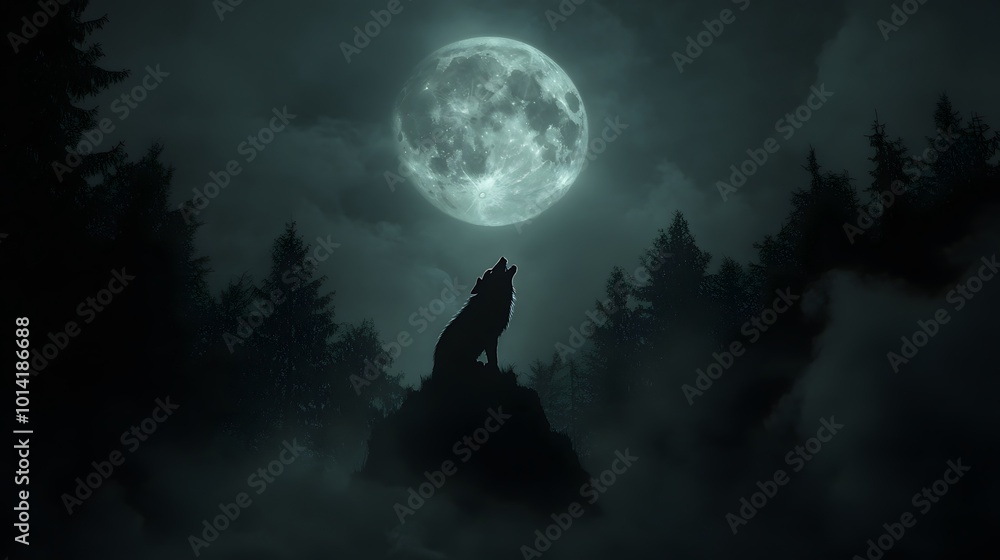 A fearsome werewolf figure howling at the full moon in a dark and misty forest A fearsome werewolf figure howling at the full moon in a dark and misty forest