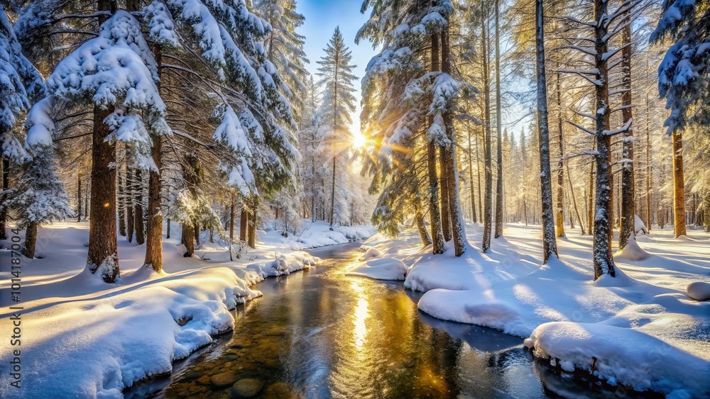 A serene winter scene with snow-laden trees flanking a stream reflecting the golden hues of a setting sun. A serene winter scene with snow-laden trees flanking a stream reflecting the golden hues of a setting sun.