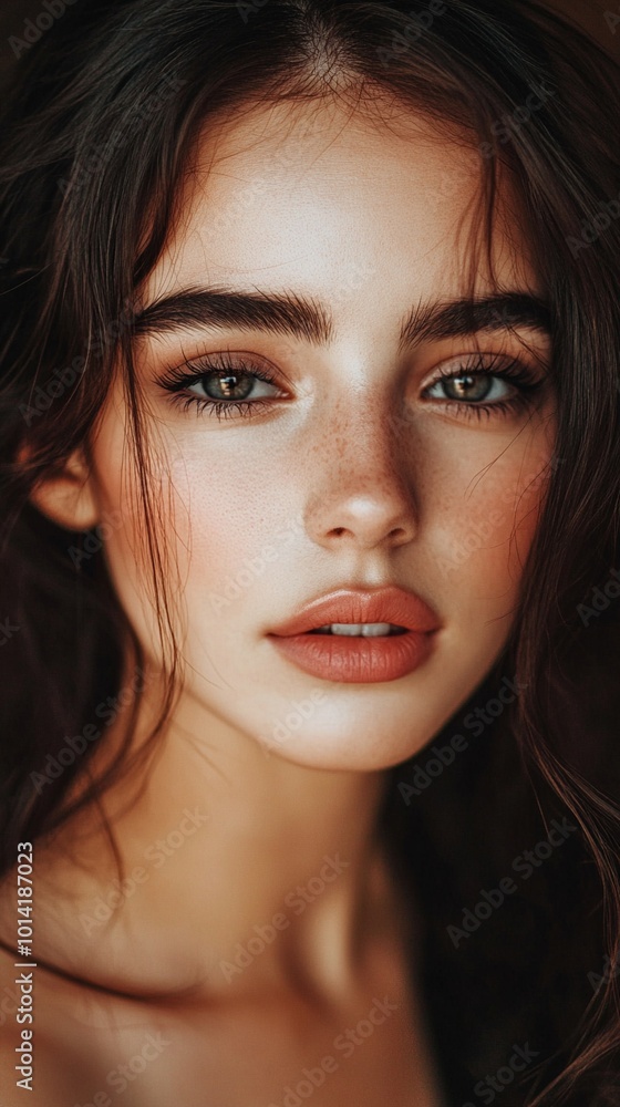 Close-up portrait of a young woman with striking green eyes, full lips, and dark hair, showcasing natural beauty and flawless skin in warm lighting. Close-up portrait of a young woman with striking green eyes, full lips, and dark hair, showcasing natural beauty and flawless skin in warm lighting.