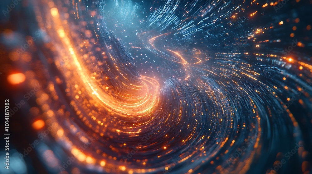 Abstract swirling vortex of glowing lines in orange and blue.