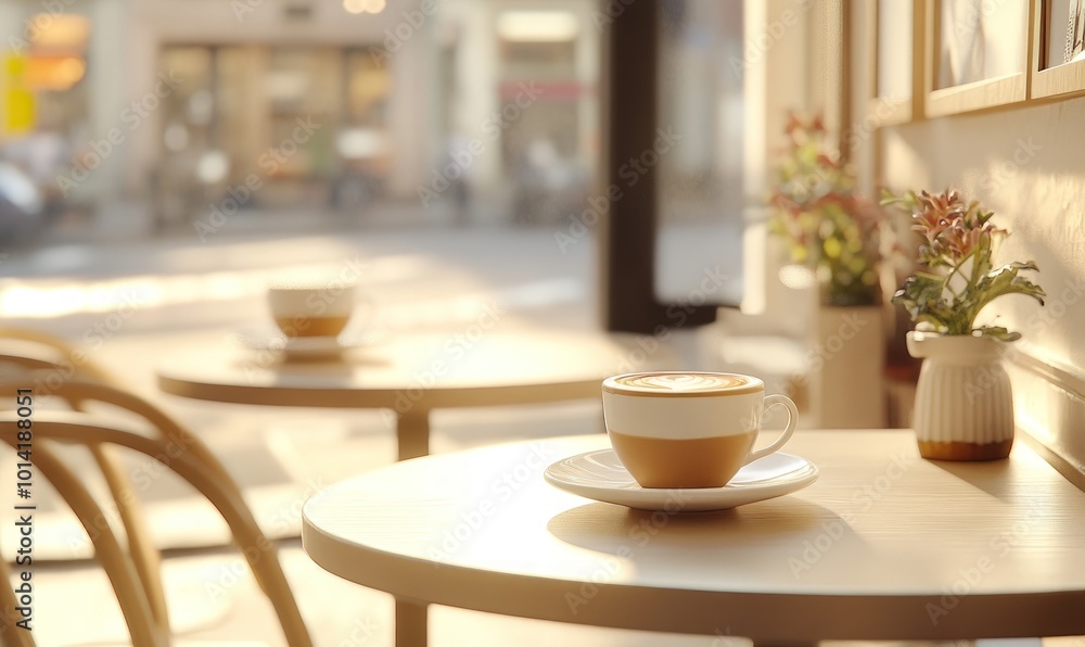 A cup of latte on a table in a cafe with the sun shining through the window. A cup of latte on a table in a cafe with the sun shining through the window.