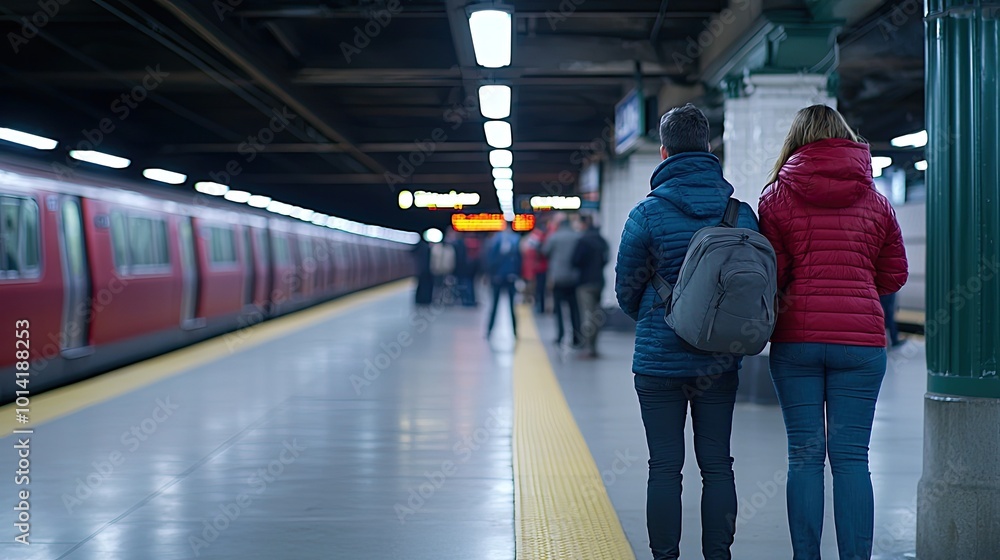 Fototapeta premium Two people stand at a train station platform, waiting for the train, with a red train in the background and modern station lighting above.