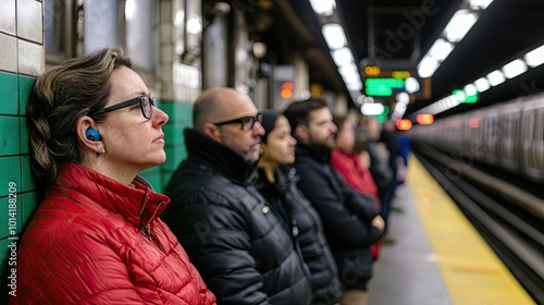 Commuters wait silently at a subway platform, showcasing a moment of stillness amidst the urban rush.