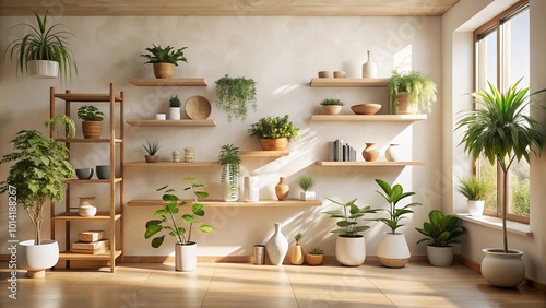 Sunlight streams through a window illuminating a room filled with lush greenery arranged on wooden shelves and in various pots.