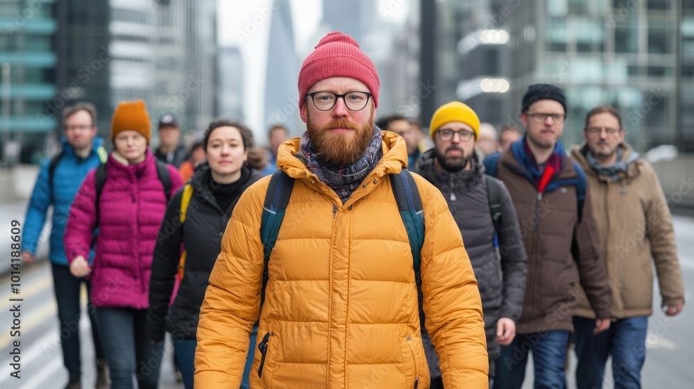 A group of people wearing colorful winter attire walks through an urban setting, exuding a sense of community and seasonal style. A group of people wearing colorful winter attire walks through an urban setting, exuding a sense of community and seasonal style.
