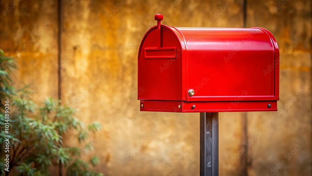 A vibrant red mailbox stands tall against a rustic backdrop, ready to receive messages and connect hearts. A vibrant red mailbox stands tall against a rustic backdrop, ready to receive messages and connect hearts.