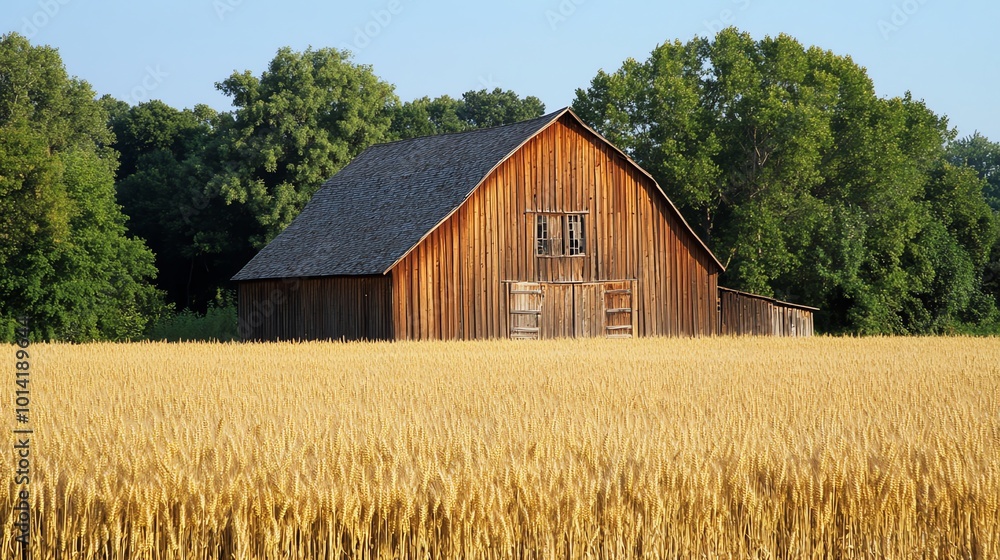 A rustic wooden barn stands tall amidst a golden field of wheat, surrounded by a lush green forest, under a clear blue sky. A rustic wooden barn stands tall amidst a golden field of wheat, surrounded by a lush green forest, under a clear blue sky.