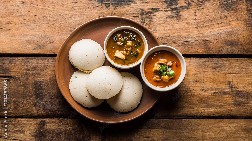 Top view of idli with sambar and rasam on wooden background Top view of idli with sambar and rasam on wooden background
