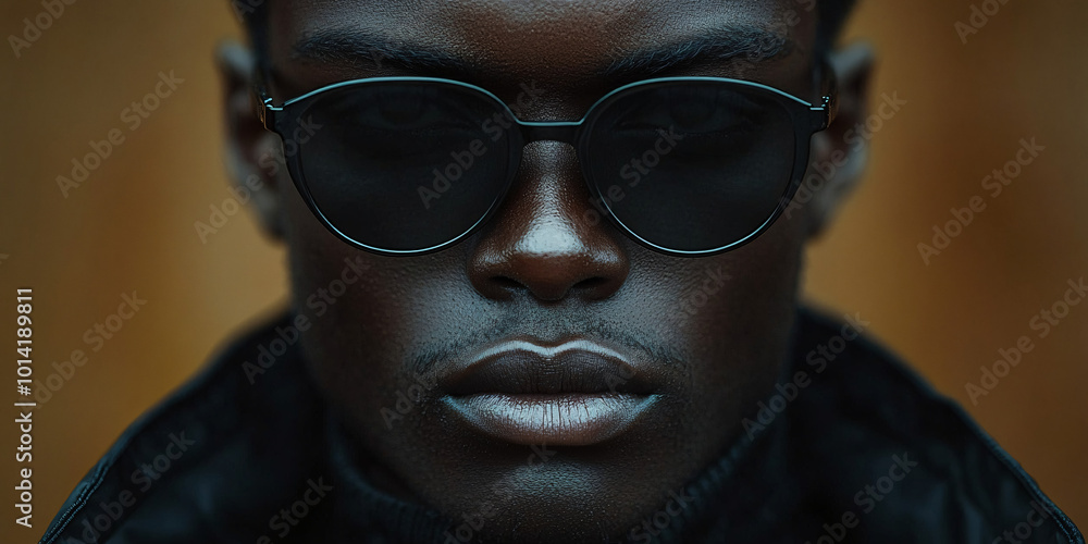 Fototapeta premium closeup portrait of a black man wearing sunglasses and a leather jacket - moody, serious, intense look, urban, style, fashion