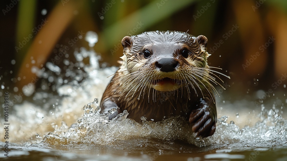 A wet otter with a playful expression swims toward the camera, creating a spray of water. A wet otter with a playful expression swims toward the camera, creating a spray of water.