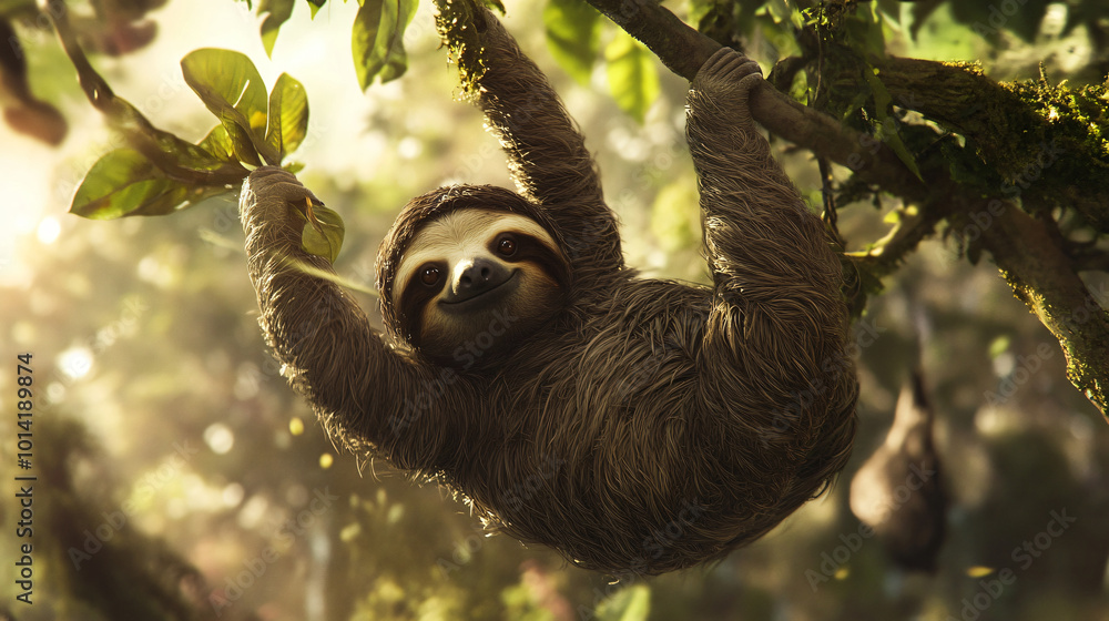 A slow-moving sloth hanging from a tree branch A slow-moving sloth hanging from a tree branch