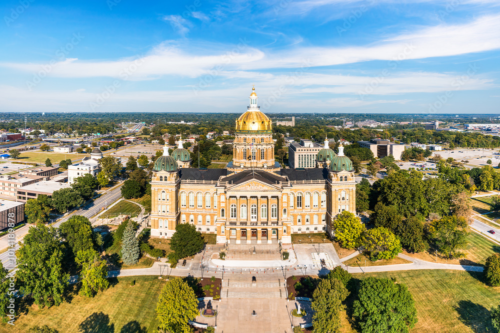 Iowa State Capitol, in Des Moines. The Iowa State Capitol houses the Senate, House of Representatives, the Offices of the Governor, Attorney General, Auditor, Treasurer, and Secretary of State