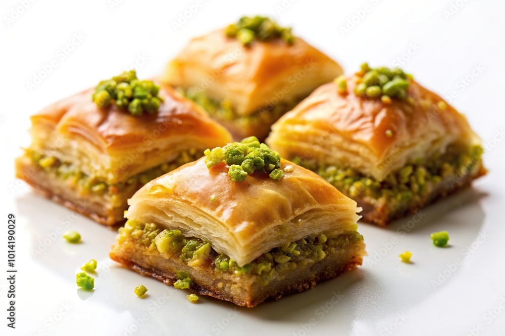 snack, crunchy, appetizing, Middle Eastern, gourmet, flaky, food, A close up shot of traditional baklava dessert with a rich layer of crushed pistachio nuts on a clean white background snack, crunchy, appetizing, Middle Eastern, gourmet, flaky, food, A close up shot of traditional baklava dessert with a rich layer of crushed pistachio nuts on a clean white background