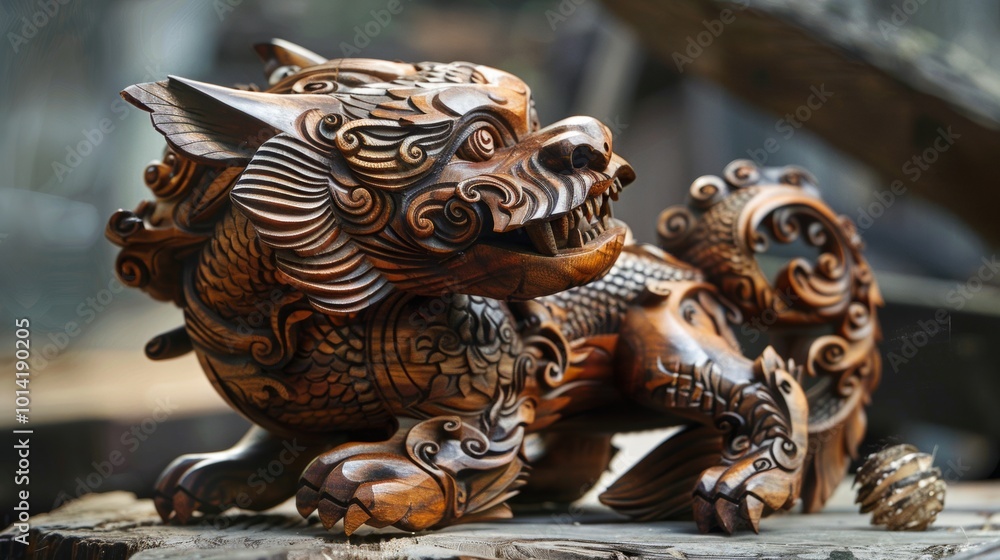 Fototapeta premium Elaborately Carved Mythological Wood Sculpture of a Fantastical Dragon like Creature