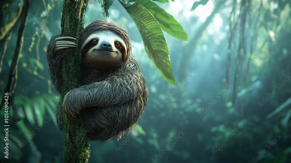 A sloth hanging lazily from a tree branch in the rainforest A sloth hanging lazily from a tree branch in the rainforest