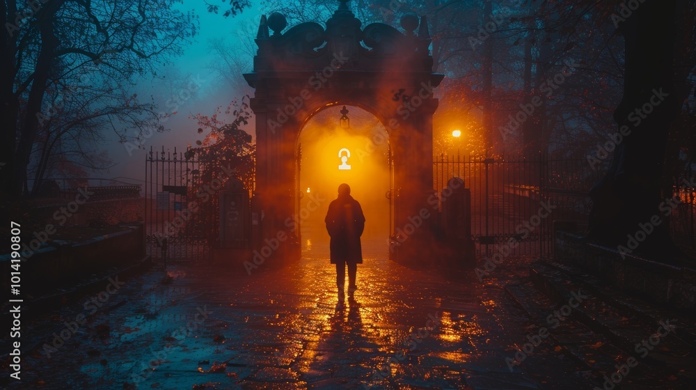 Mysterious figure approaches a glowing archway, consumed Mystery surrounds a lone figure Mysterious figure approaches a glowing archway, consumed Mystery surrounds a lone figure