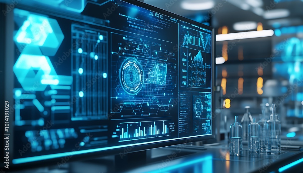 A futuristic laboratory with a computer screen displaying data and charts A futuristic laboratory with a computer screen displaying data and charts