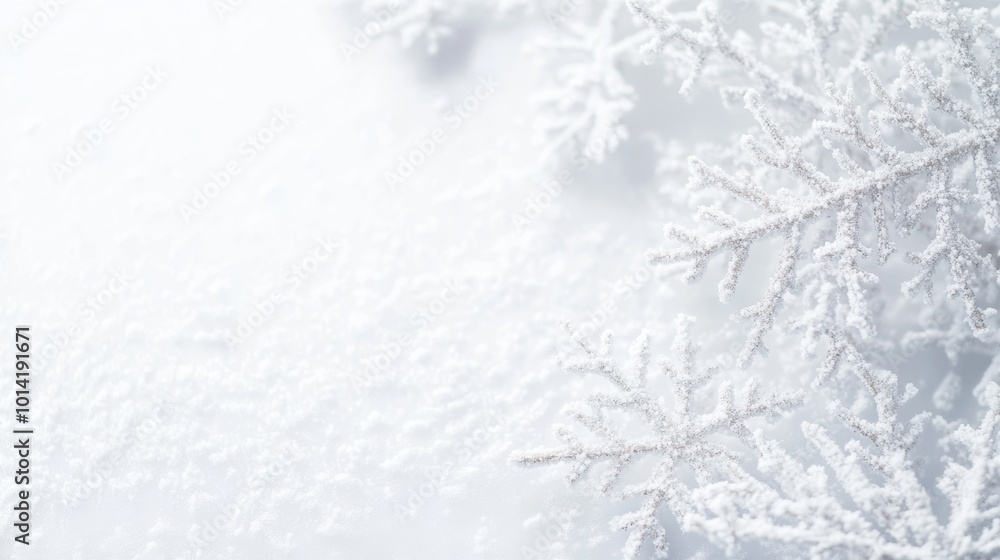 Obraz premium A serene winter landscape featuring a flat white snowy texture with delicate snowflakes enhancing the minimalistic winter theme
