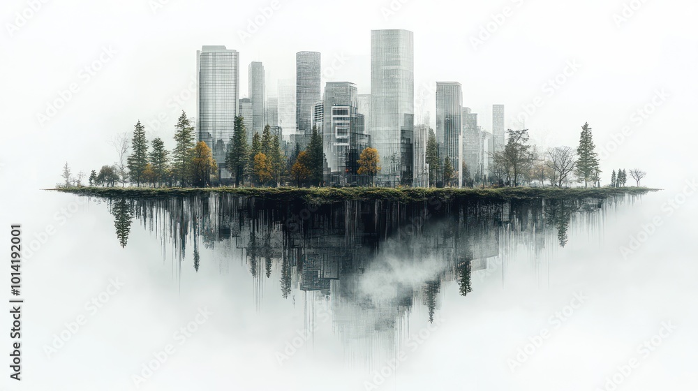 Obraz premium A surreal cityscape floating above misty terrain.