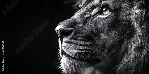 black and white lion close up portrait looking away with a serious expression photo