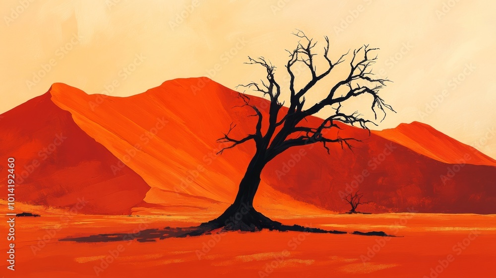 Desolate desert landscape with solitary tree at sunrise, vibrant colors. Wilderness and solitude concept Desolate desert landscape with solitary tree at sunrise, vibrant colors. Wilderness and solitude concept