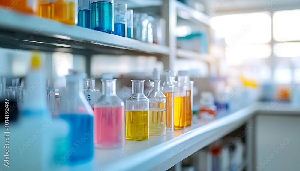 Glass Bottles with Colored Liquids on Lab Shelves Glass Bottles with Colored Liquids on Lab Shelves