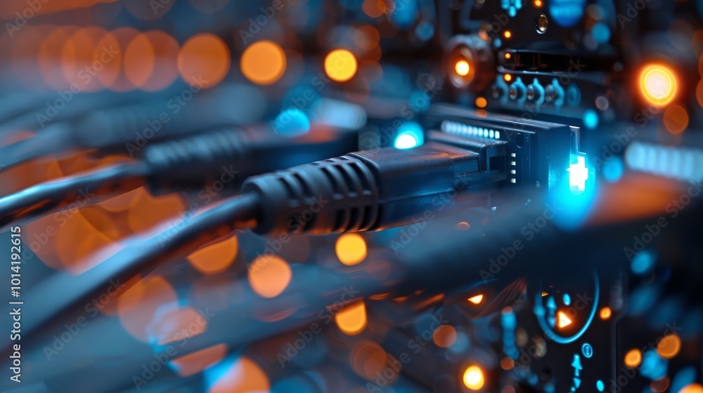 Network Cables Connected to Server with Glowing Lights, Data Center Technology and Connectivity