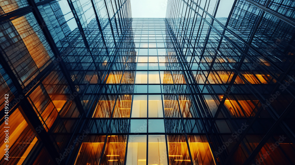 A sleek facade featuring a combination of glass and metal A sleek facade featuring a combination of glass and metal