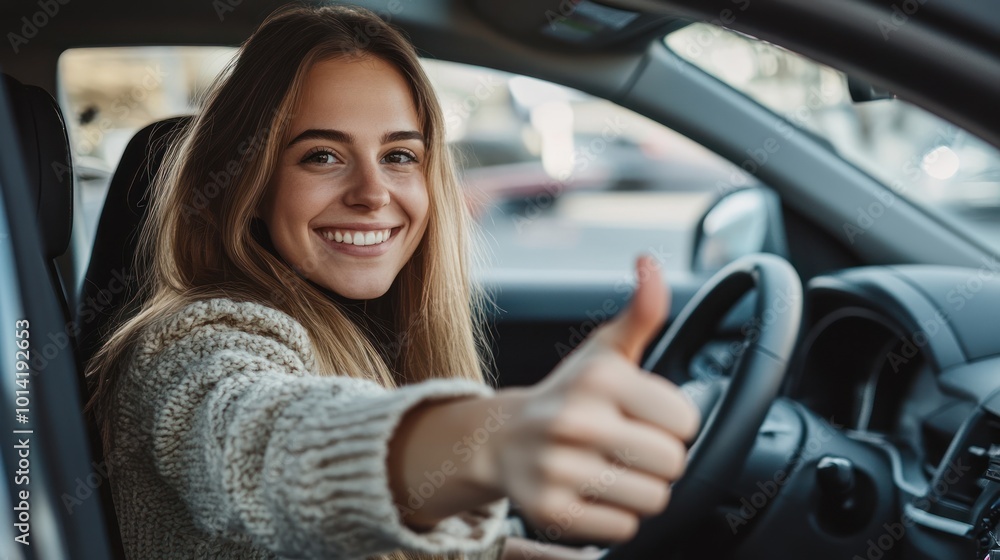 A woman inside her car gesticulate thumb up A woman inside her car gesticulate thumb up