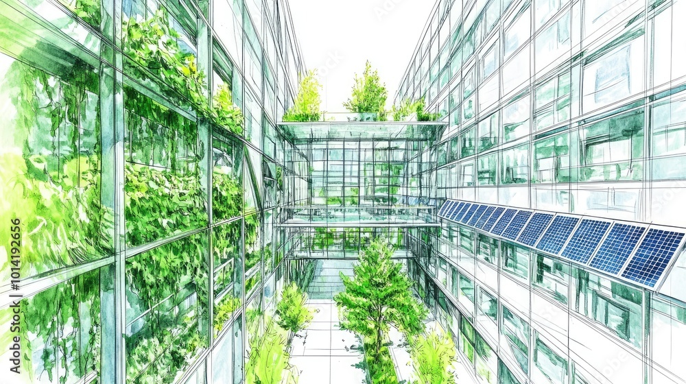 Modern office building with green walls and solar panels. Modern office building with green walls and solar panels.