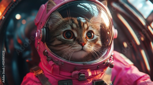 Astrocat: A tabby cat dressed in a pink spacesuit and helmet in a spaceship photo