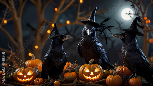 ravens or Crow wearing witch hats, perched on branches surrounded by Halloween decorations