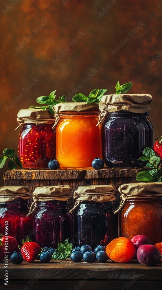 Colorful array of homemade jams and preserves in glass jars, showcasing vibrant fruits and berries. Rustic wooden backdrop adds warmth to the appetizing display. Colorful array of homemade jams and preserves in glass jars, showcasing vibrant fruits and berries. Rustic wooden backdrop adds warmth to the appetizing display.