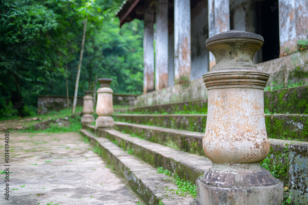 Ancient stone pillars outside weathered temple steps Ancient stone pillars outside weathered temple steps