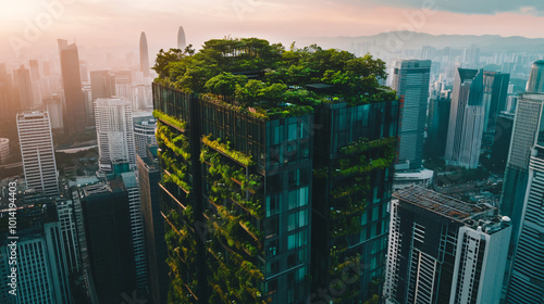 A skyscraper with a rooftop garden providing a green oasis in the city