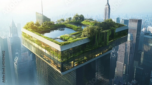 A skyscraper with a rooftop garden providing a green oasis in the city