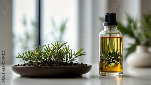 Aesthetic bottle of tea tree oil on a white themed living room with astonishing details background photo