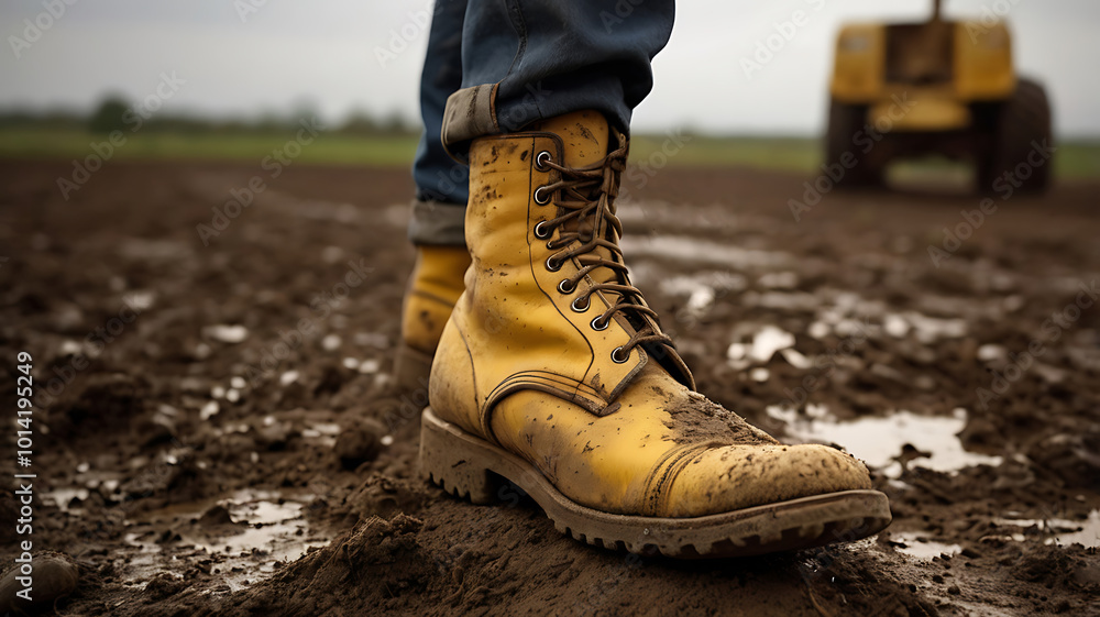 Person in yellow rubber boots covered with mud standing on a farm for soil preparation. Boots on the Ground, Agriculture, gardening and ecology concept. Person in yellow rubber boots covered with mud standing on a farm for soil preparation. Boots on the Ground, Agriculture, gardening and ecology concept.
