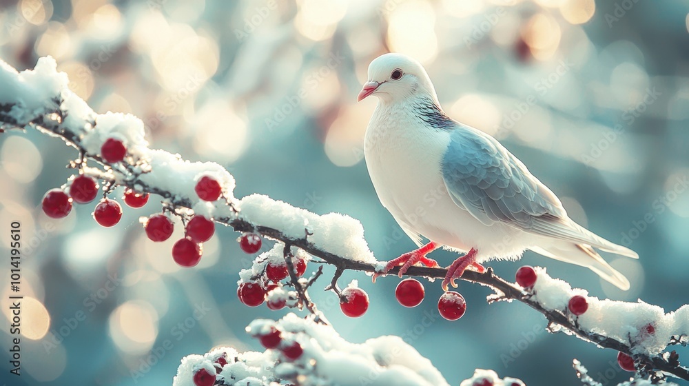Snowy branch with a dove perched among red berries Snowy branch with a dove perched among red berries