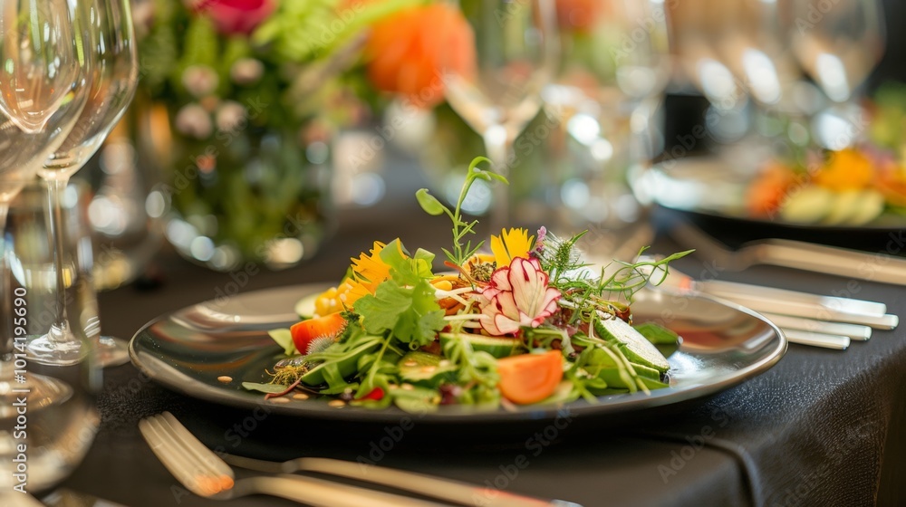 Freshly Prepared Vegetable Salad Served on a Plate Against a Beautifully Styled Dining Table Setting Freshly Prepared Vegetable Salad Served on a Plate Against a Beautifully Styled Dining Table Setting