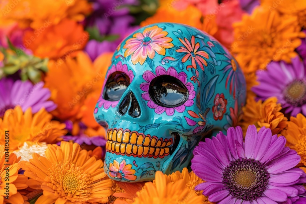 Colorful sugar skull surrounded by vibrant flowers Colorful sugar skull surrounded by vibrant flowers