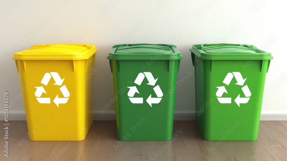 Three garbage containers in yellow, green, and white for various types of garbage, situated near a light wall, recycling concept Three garbage containers in yellow, green, and white for various types of garbage, situated near a light wall, recycling concept