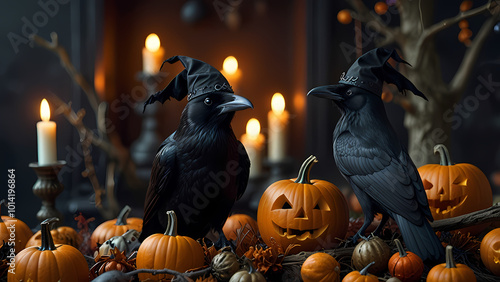 ravens or Crow wearing witch hats, perched on branches surrounded by Halloween decorations