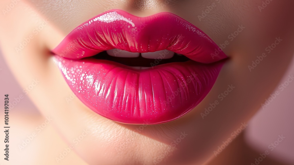 A lush pink lip gloss treatment is highlighted with delicate sparkle, revealing a flawless, velvety texture and radiant A lush pink lip gloss treatment is highlighted with delicate sparkle, revealing a flawless, velvety texture and radiant