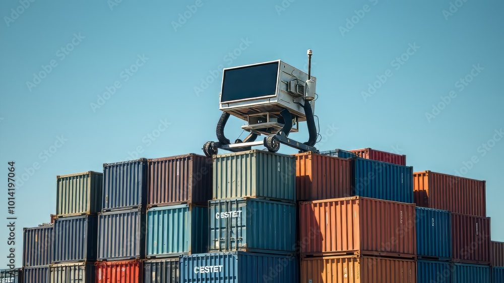 Fototapeta premium A machine with a blank expression sits atop a pile of stacked containers, its functionality rendered useless as