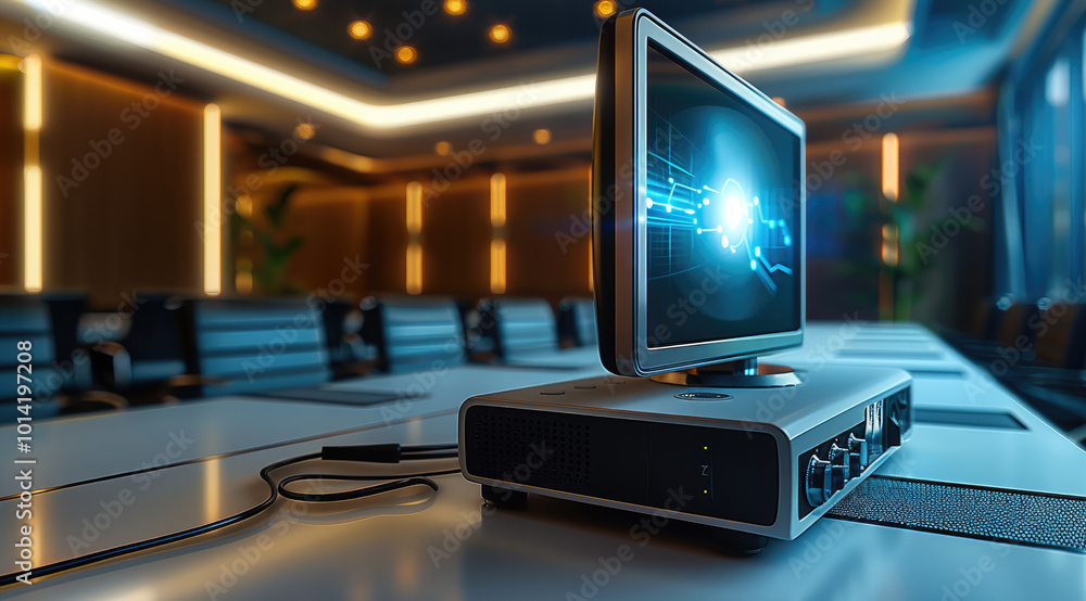 In a corporate conference room, the network connection on the projector. In a corporate conference room, the network connection on the projector.